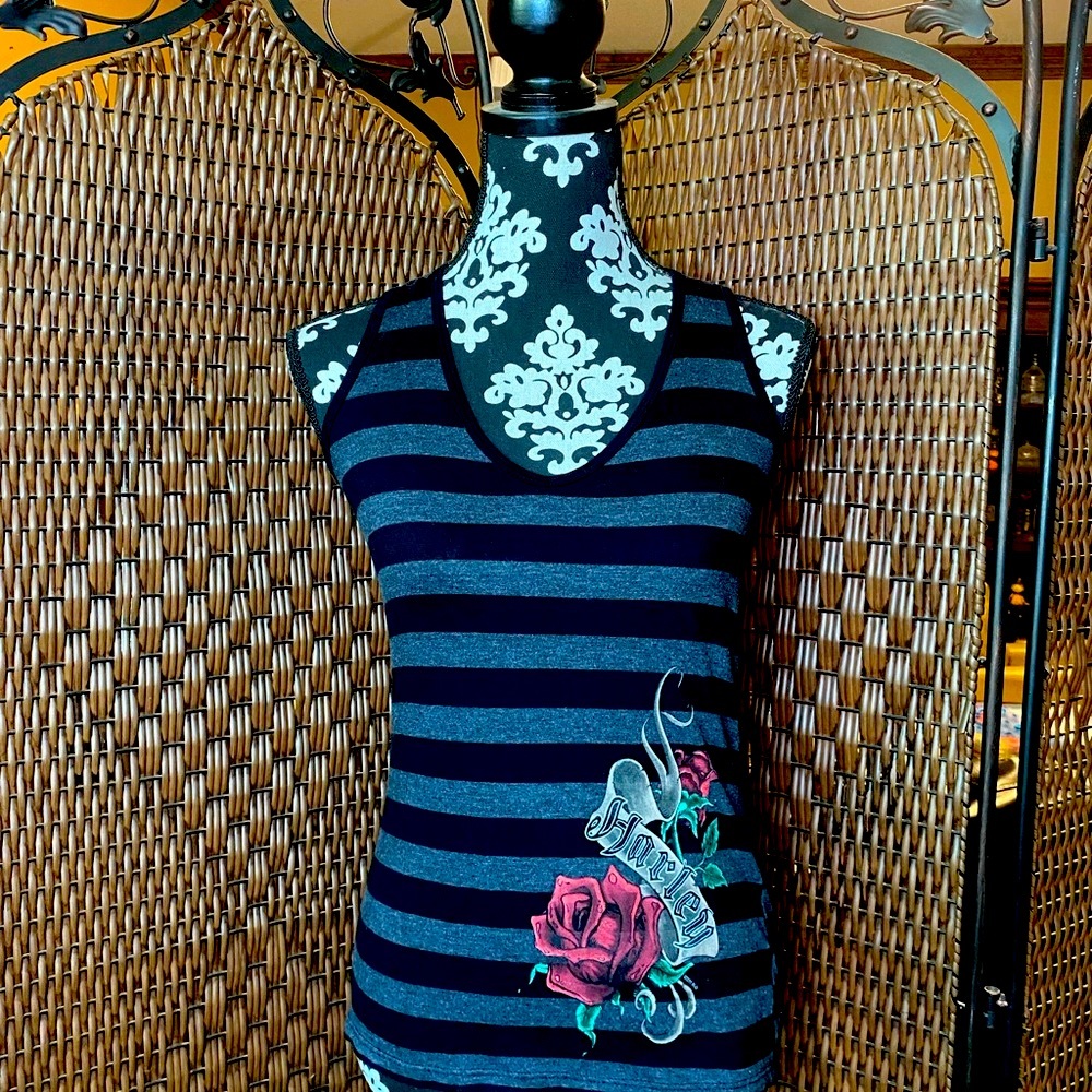 Harley Davidson women’s size small black and red striped tank top with roses